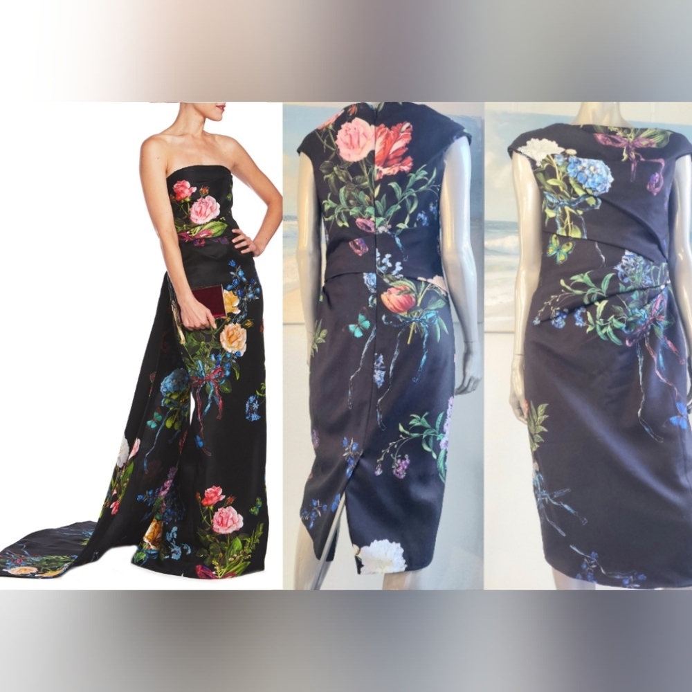 $2,000 NEW MONIQUE LHUILLER COLLECTION BLACK FLORAL RUNWAY DRESS US S